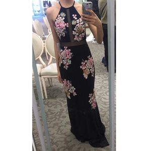 Black Mesh bejeweled embroidered prom evening gown